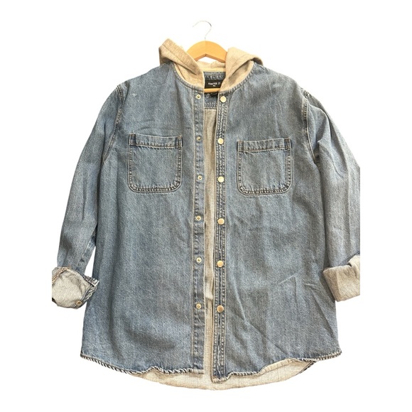Forever 21 Blue Denim Jacket with Gray Hood - Picture 1 of 5